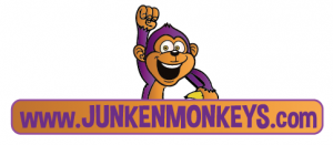 Logo featuring a cheerful cartoon monkey with a raised fist above the website URL "www.JUNKENMONKEYS.com" in bold purple text against an orange background.