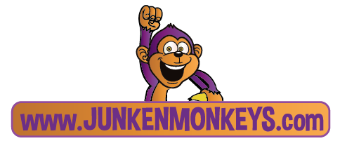 Cartoon monkey with a raised fist above the banner text "www.JUNKENMONKEYS.com" in purple and orange.