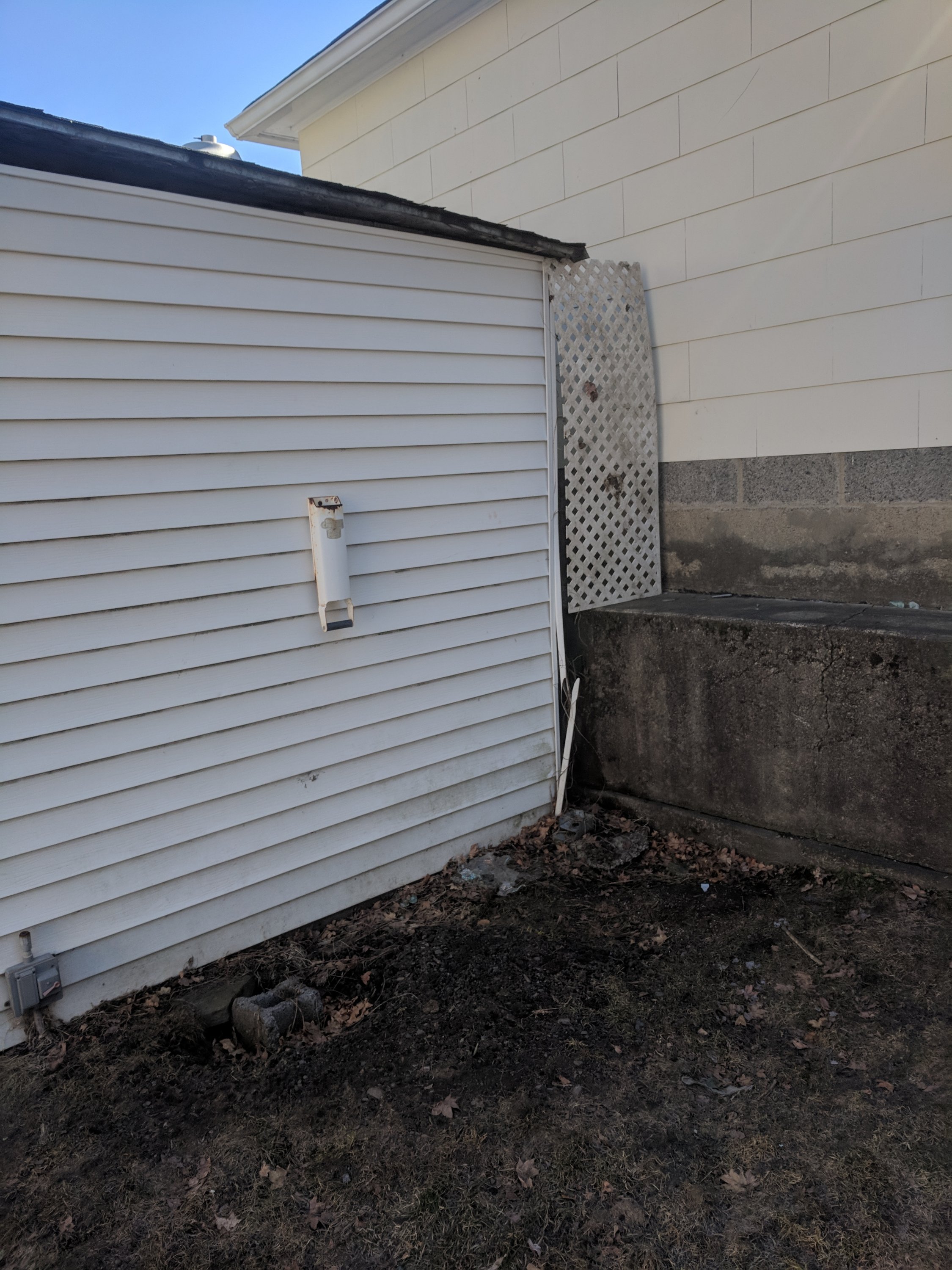 The image shows the corner of a house with white siding and lattice leaning against a concrete wall. The ground is covered with dry leaves.