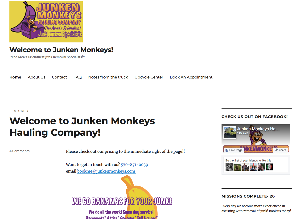 Screenshot of a website homepage for Junken Monkeys Hauling Company, featuring a banana and monkey logo, contact information, and social media links.