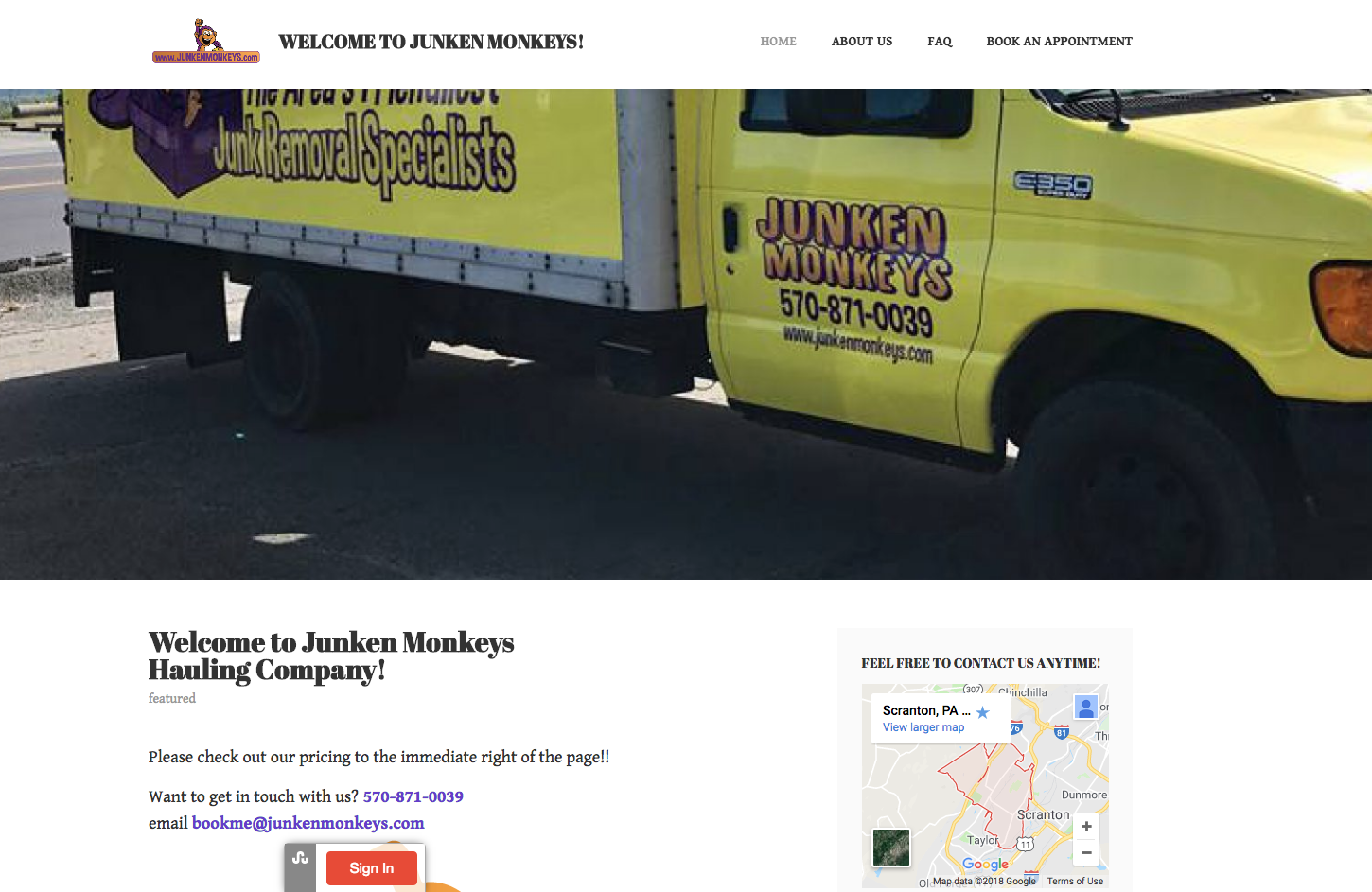 Yellow truck with "Junken Monkeys Junk Removal Specialists" logo, phone number, and website. Website interface displays contact info, a map of Scranton, and a welcome message.