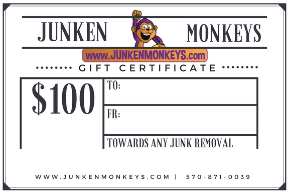 Junken Monkeys gift certificate for $100 towards junk removal, with fields for recipient and sender. Includes website and phone number information.