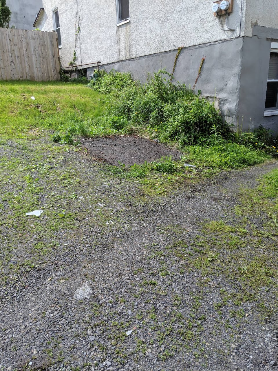 A patch of dirt and sparse grass beside a building with a gray wall and two windows, next to a wooden fence.