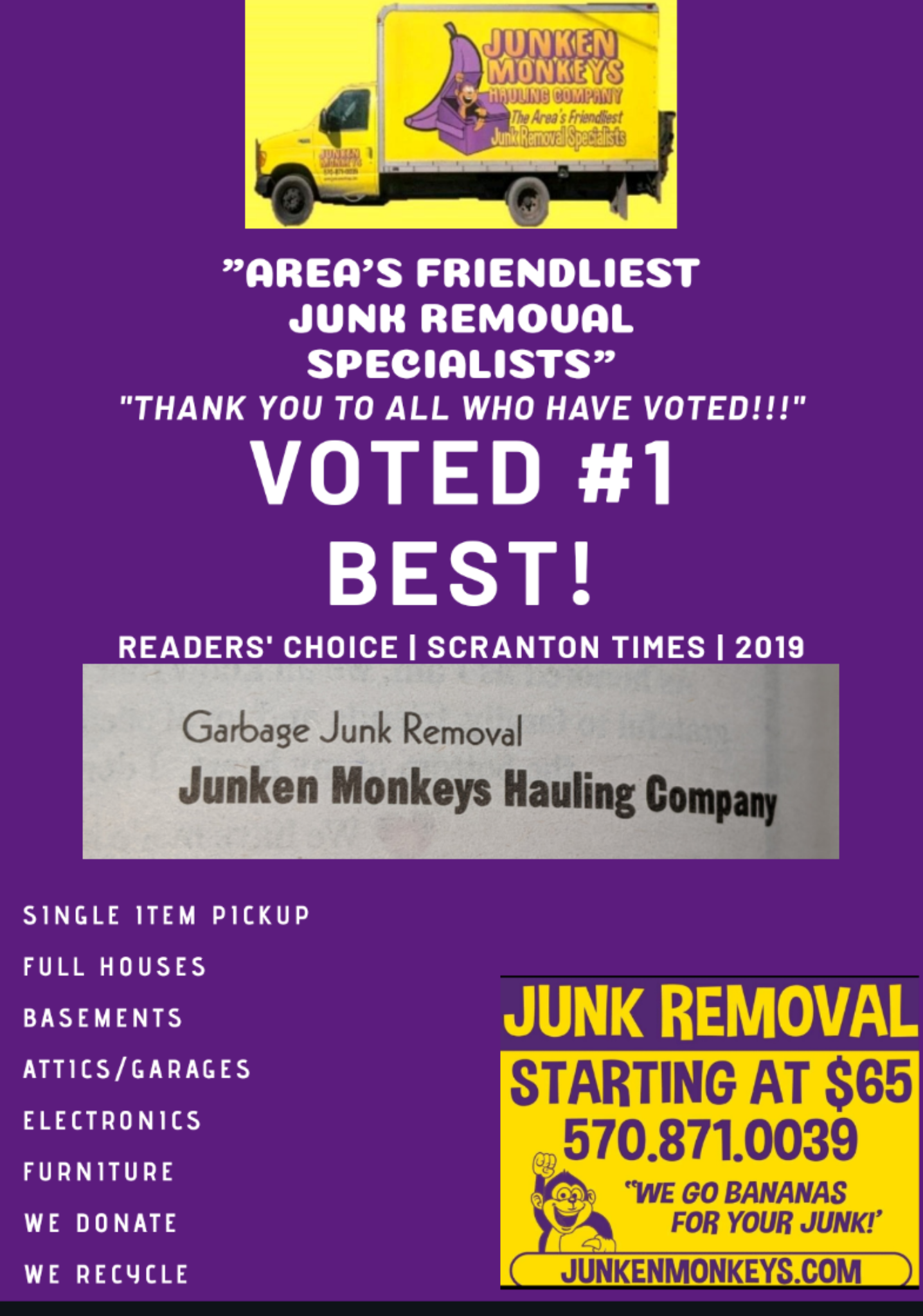 Advertisement for Junken Monkeys Hauling Company featuring a yellow truck, service list, and contact details. Includes slogans about junk removal and being voted #1 in 2019.