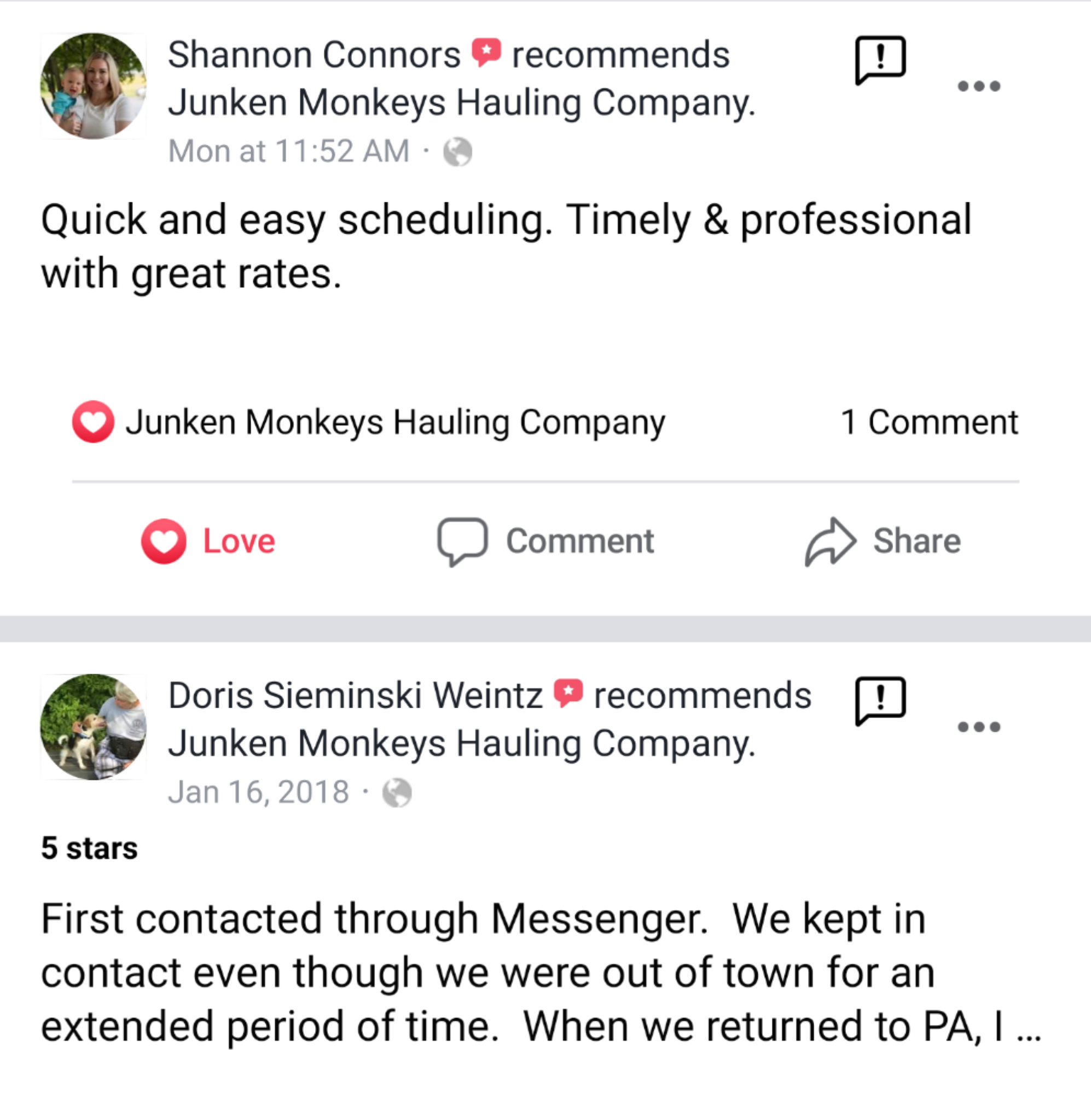 Two Facebook recommendations for Junken Monkeys Hauling Company. Both reviews praise the company for quick responses, professionalism, and maintaining contact with customers.