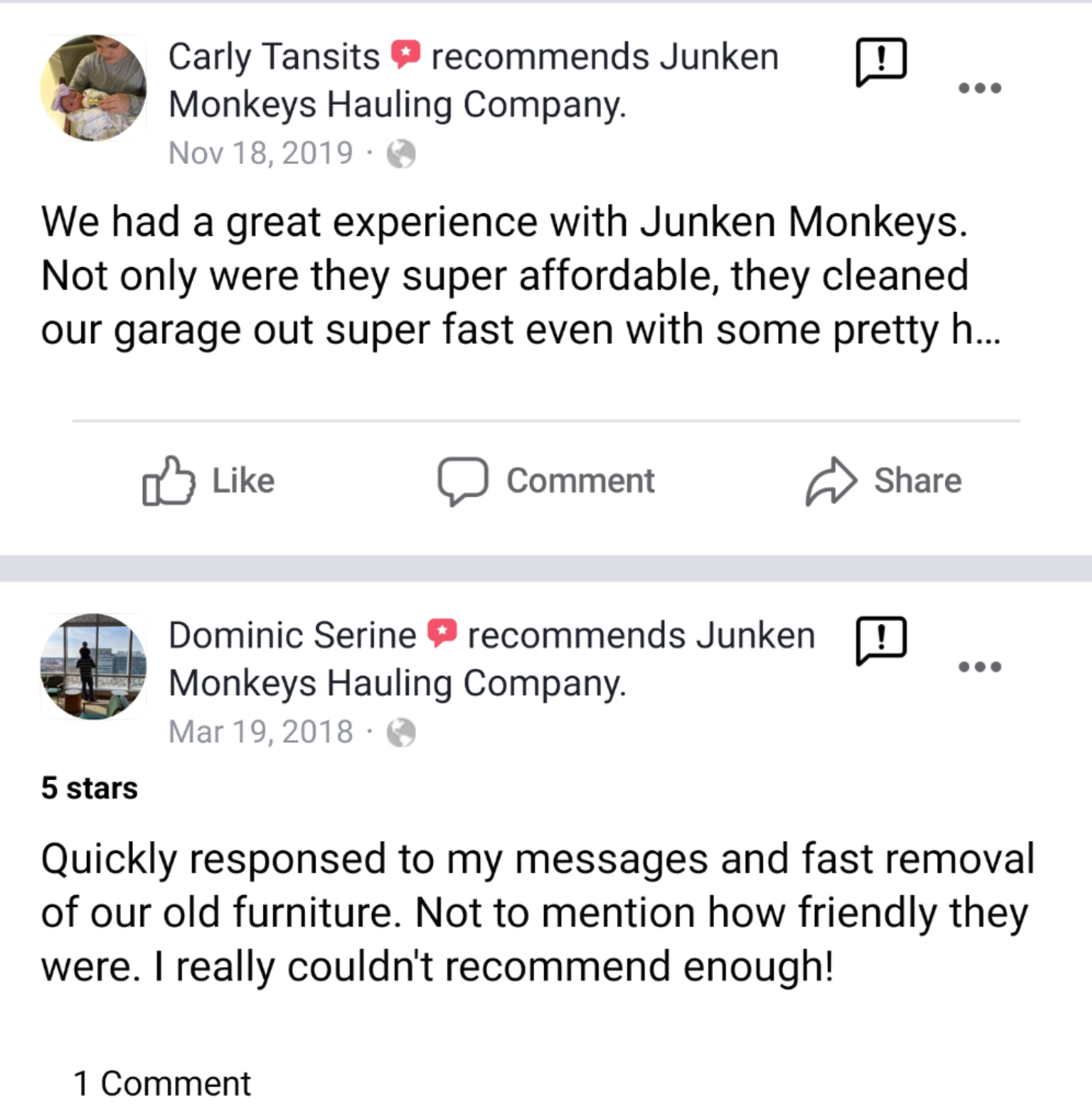 Two Facebook reviews praise Junken Monkeys Hauling Company for their fast, affordable service and friendly team. Both reviews are highly positive, giving the service a 5-star rating.