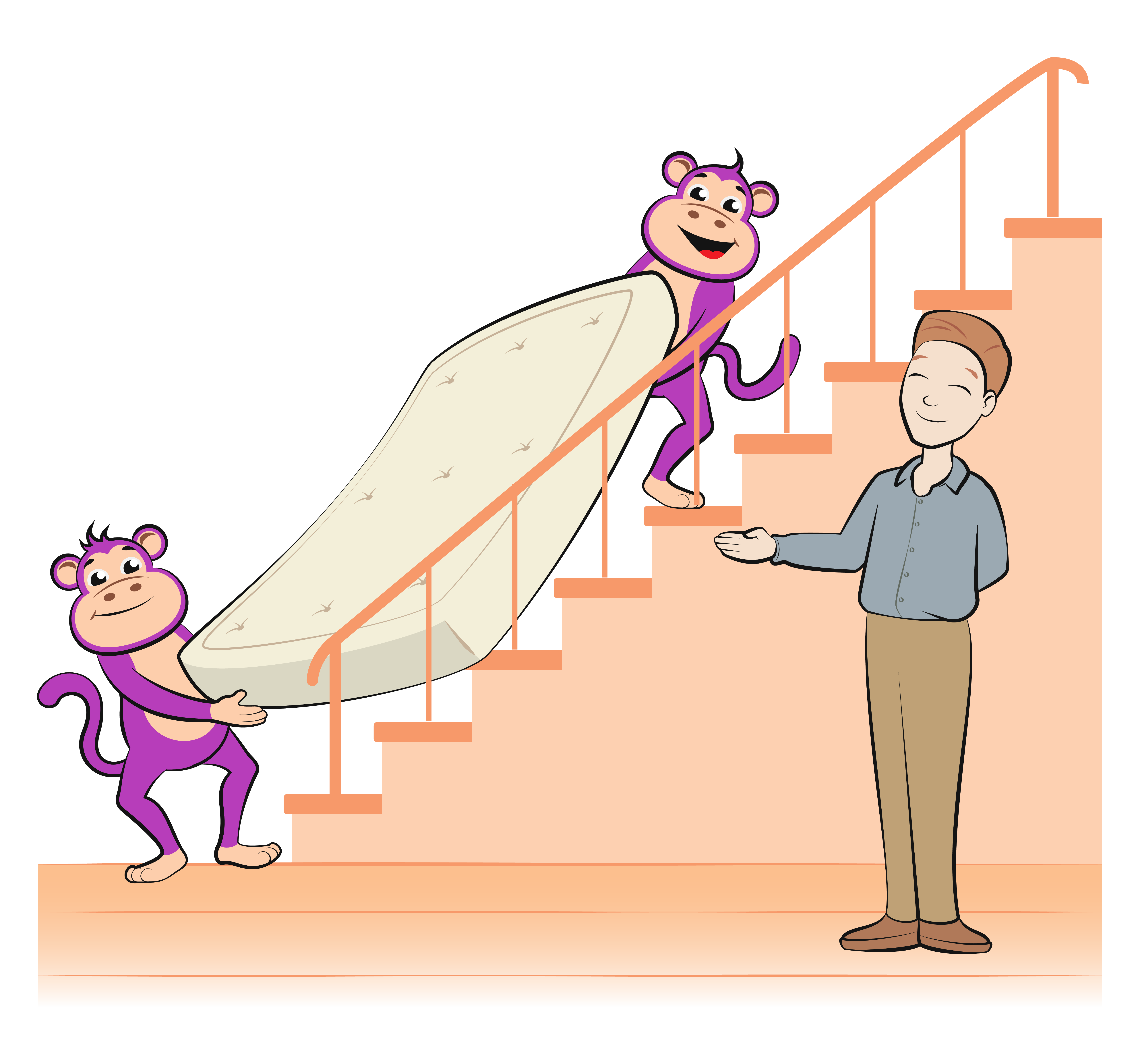 Two cartoon monkeys carrying a mattress up the stairs while a smiling person in a blue shirt and beige pants stands nearby.