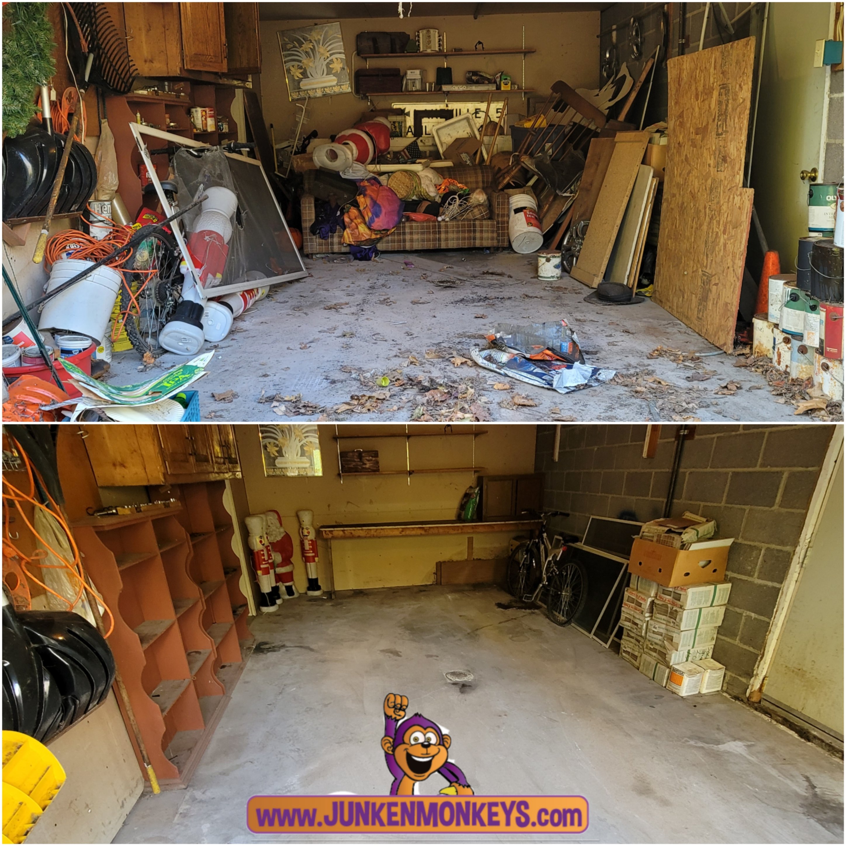 Cluttered garage before and after cleaning; top image shows disorganized items, bottom image shows a tidy and organized space with fewer items.