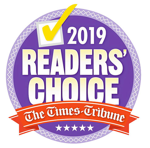 Purple circular badge with a yellow checkmark, stating "2019 Readers' Choice" and "The Times-Tribune" on a red banner with white stars.