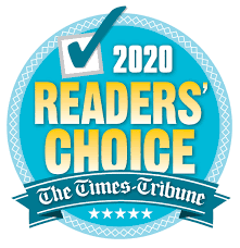 Circular blue badge with the text "2020 Readers' Choice" and "The Times-Tribune" in a ribbon at the bottom. A checkmark is above the year.