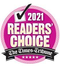 Logo featuring a pink circle with a check mark and text: "2021 Readers' Choice, The Times-Tribune" with five stars below.