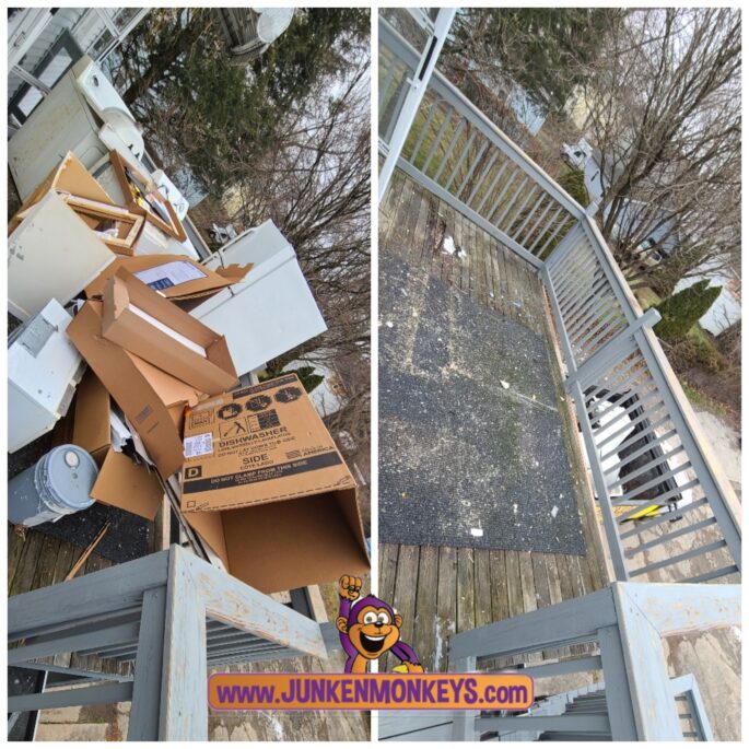 Two photos show a cluttered outdoor area with cardboard boxes and discarded household items, and an empty wooden deck. A website URL, www.junkenmonkeys.com, is visible at the bottom.