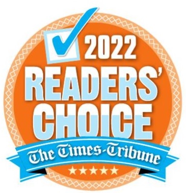 Image of a circular badge with "2022 Readers' Choice" written in bold letters and a blue checkmark. Below, a blue ribbon displays "The Times-Tribune" with four stars underneath.