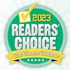 Green badge with a yellow checkmark and text "2023 Readers' Choice" and "The Times-Tribune" on a banner with white stars.