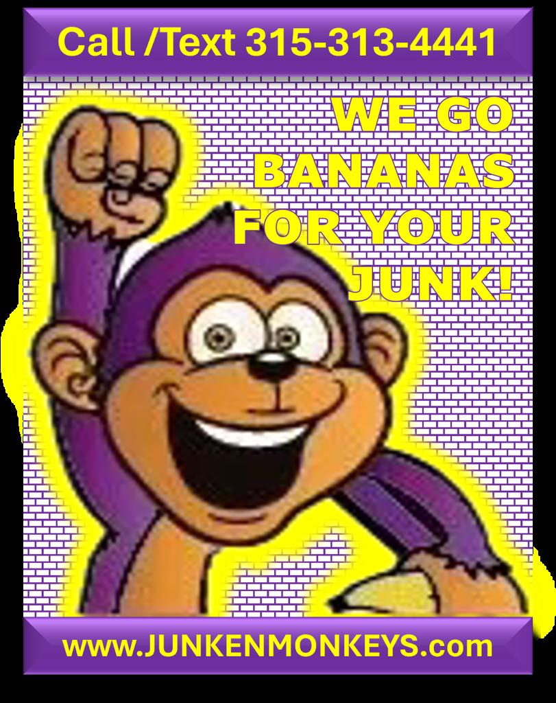 Illustration of a cartoon monkey with text promoting junk removal services and a phone number.